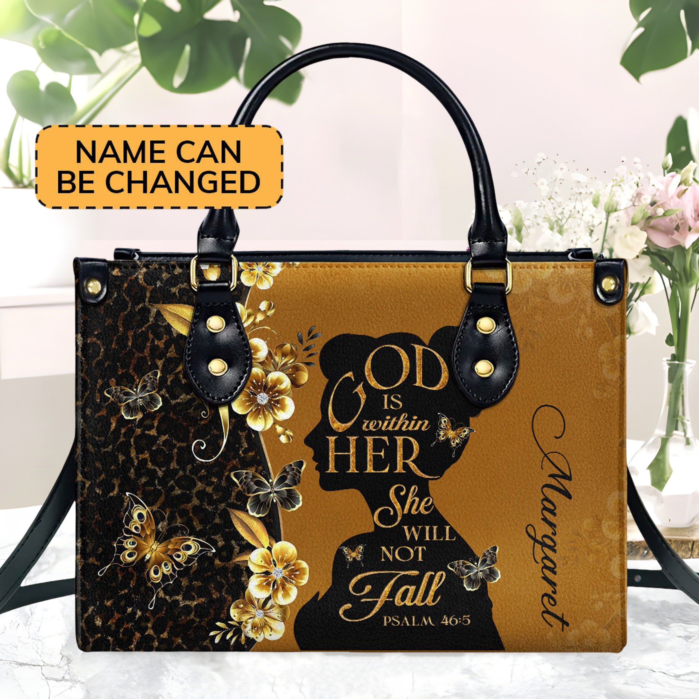 Personalized Christian Leather Handbag, God Is Within Her Psalm 46:5 Custom Name Purse, Faith Bible Verse Tote for Women BLAF28